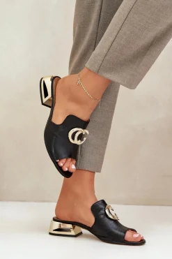 Skórzane Eleganckie Klapki Damskie Na Niskim Obcasie Laura Messi 2874 Czarne