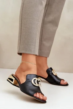 Skórzane Eleganckie Klapki Damskie Na Niskim Obcasie Laura Messi 2874 Czarne