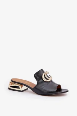 Skórzane Eleganckie Klapki Damskie Na Niskim Obcasie Laura Messi 2874 Czarne