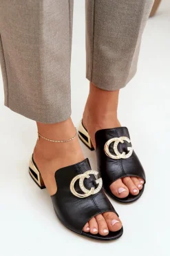 Skórzane Eleganckie Klapki Damskie Na Niskim Obcasie Laura Messi 2874 Czarne