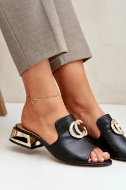 Skórzane Eleganckie Klapki Damskie Na Niskim Obcasie Laura Messi 2874 Czarne