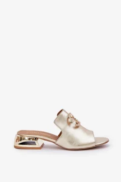 Skórzane Eleganckie Klapki Damskie Na Niskim Obcasie Laura Messi 2874 Złote