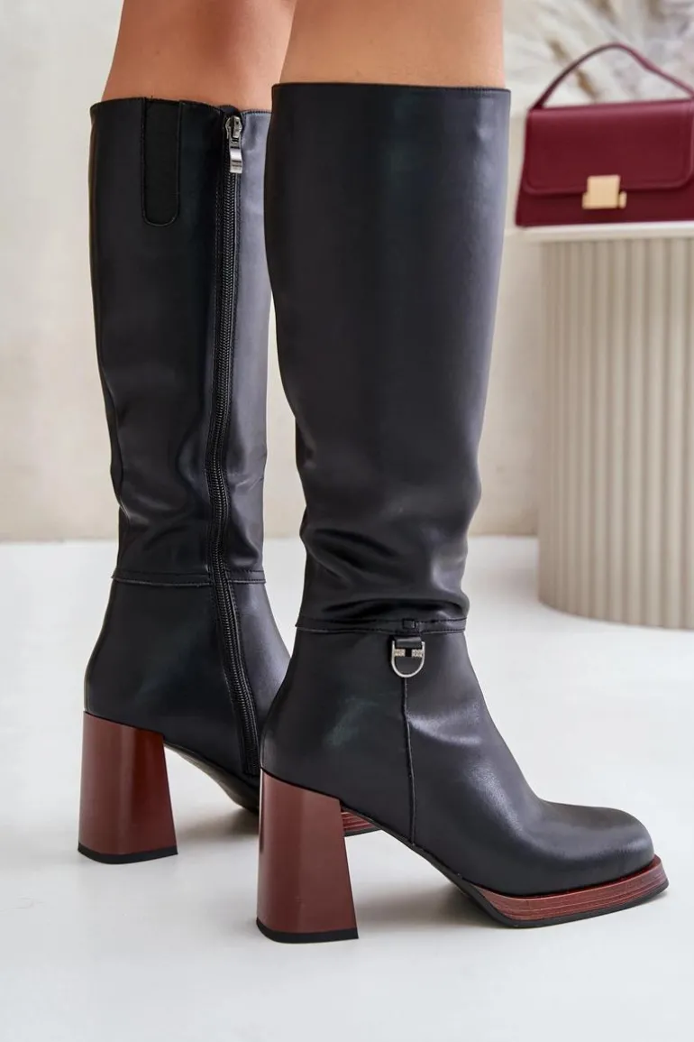 Skórzane Eleganckie Kozaki Na Słupku Ocieplane D&A JC42-39 Czarne