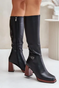 Skórzane Eleganckie Kozaki Na Słupku Ocieplane D&A JC42-39 Czarne