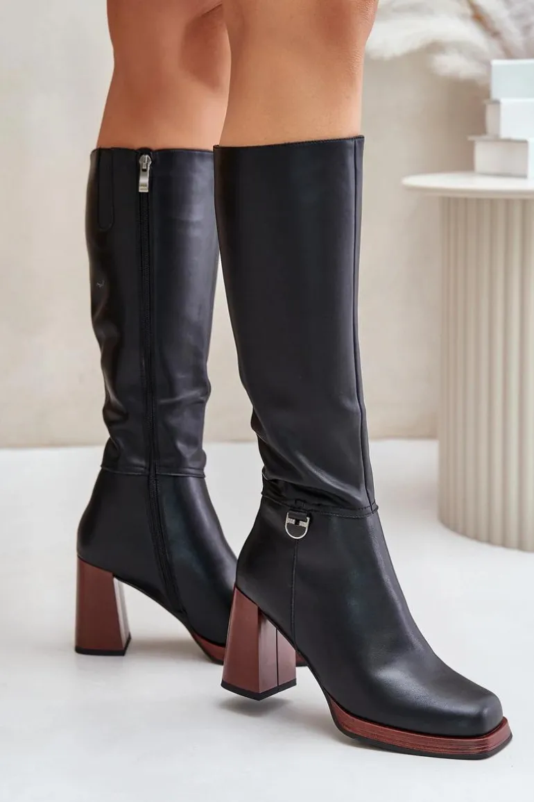 Skórzane Eleganckie Kozaki Na Słupku Ocieplane D&A JC42-39 Czarne