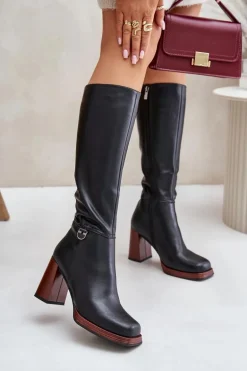 Skórzane Eleganckie Kozaki Na Słupku Ocieplane D&A JC42-39 Czarne