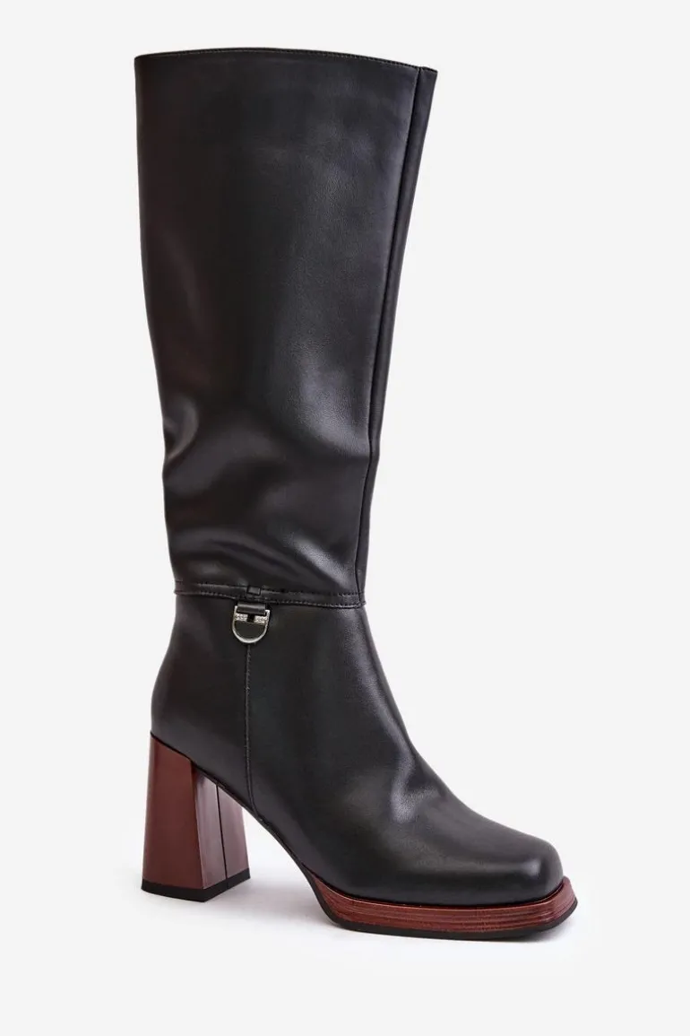 Skórzane Eleganckie Kozaki Na Słupku Ocieplane D&A JC42-39 Czarne