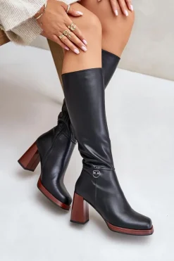 Skórzane Eleganckie Kozaki Na Słupku Ocieplane D&A JC42-39 Czarne