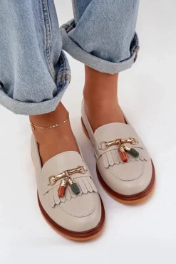 Skórzane Eleganckie Mokasyny Na Płaskim Obcasie S.Barski LR51-768 Beżowe