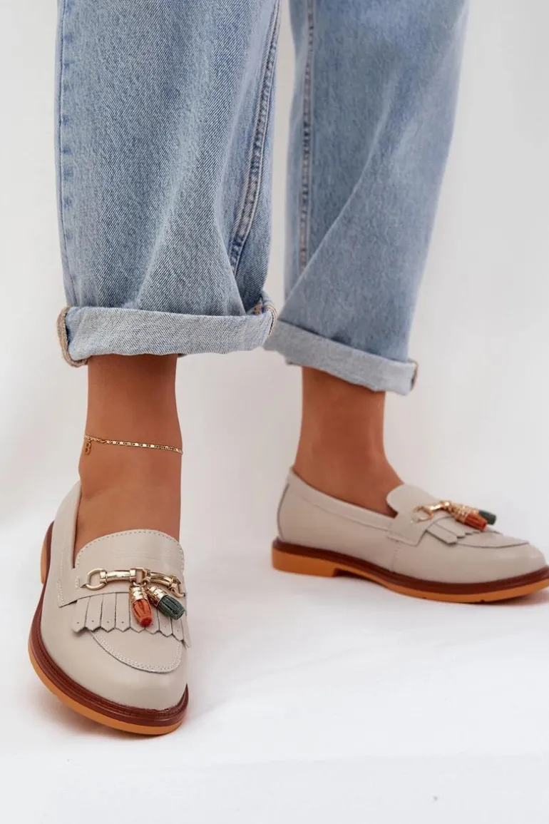 Skórzane Eleganckie Mokasyny Na Płaskim Obcasie S.Barski LR51-768 Beżowe