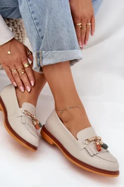 Skórzane Eleganckie Mokasyny Na Płaskim Obcasie S.Barski LR51-768 Beżowe