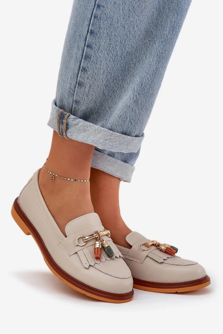 Skórzane Eleganckie Mokasyny Na Płaskim Obcasie S.Barski LR51-768 Beżowe