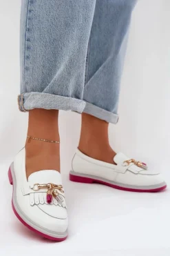 Skórzane Eleganckie Mokasyny Na Płaskim Obcasie S.Barski LR51-768 Białe