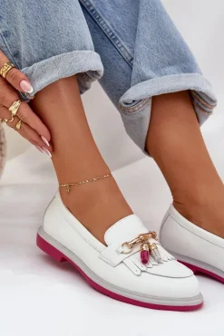 Skórzane Eleganckie Mokasyny Na Płaskim Obcasie S.Barski LR51-768 Białe