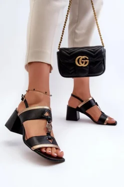 Skórzane Eleganckie Sandały Na Klocku Laura Messi 2768 Czarne