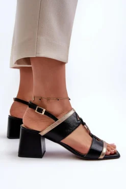 Skórzane Eleganckie Sandały Na Klocku Laura Messi 2768 Czarne