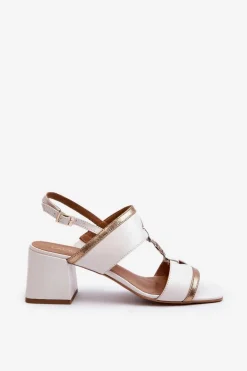Skórzane Eleganckie Sandały Na Klocku Laura Messi 2768 Białe