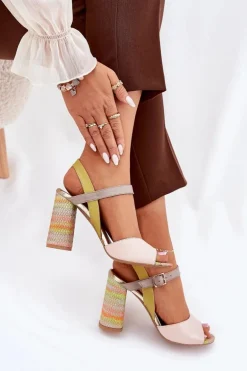 Skórzane Eleganckie Sandały Na Słupku Laura Messi 2136 Multikolor