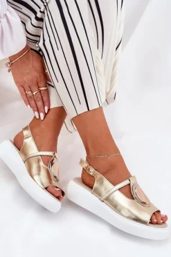 Skórzane Eleganckie Sandały Damskie S.Barski GR51-603 Złote