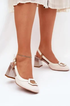 Skórzane Eleganckie Sandały Damskie Na Słupku D&A CR51-569 Beżowe