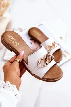 Skórzane Klapki Łańcuch Lewski 3052 Białe