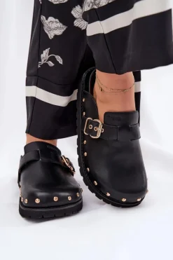 Skórzane Klapki Chodaki Damskie Na Platformie Big Star RR274A378 Czarne