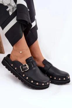 Skórzane Klapki Chodaki Damskie Na Platformie Big Star RR274A378 Czarne