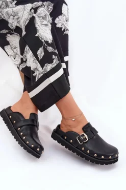 Skórzane Klapki Chodaki Damskie Na Platformie Big Star RR274A378 Czarne