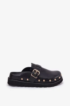 Skórzane Klapki Chodaki Damskie Na Platformie Big Star RR274A378 Czarne