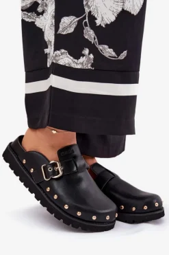 Skórzane Klapki Chodaki Damskie Na Platformie Big Star RR274A378 Czarne