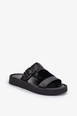 Skórzane Klapki Damskie Na Platformie Zazoo 3024 Czarne