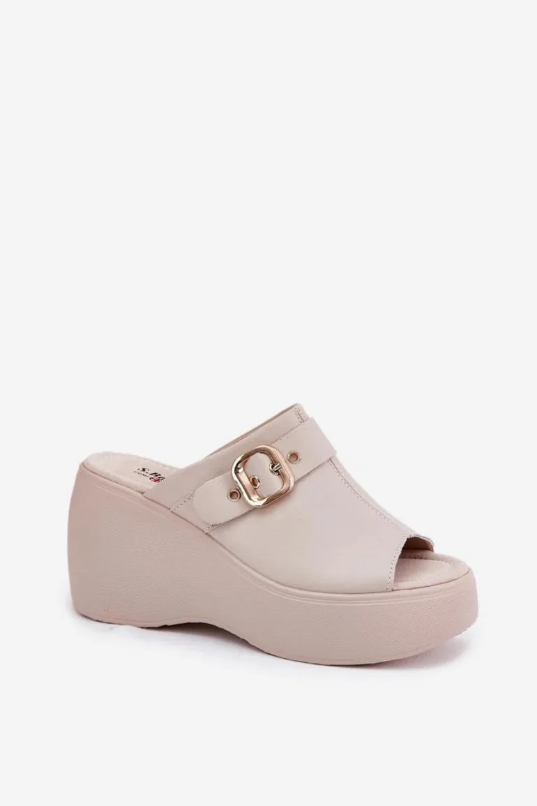 Skórzane Klapki Damskie Na Platformie I Koturnie Z Klamrą S.Barski LR51-542 Beżowe