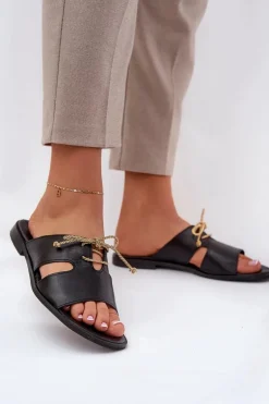 Skórzane Klapki Damskie Na Płaskim Obcasie Zazoo 3022 Czarne