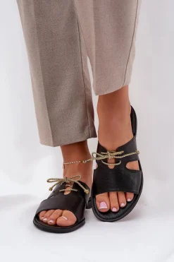 Skórzane Klapki Damskie Na Płaskim Obcasie Zazoo 3022 Czarne