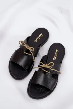 Skórzane Klapki Damskie Na Płaskim Obcasie Zazoo 3022 Czarne