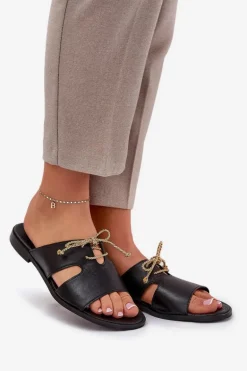 Skórzane Klapki Damskie Na Płaskim Obcasie Zazoo 3022 Czarne