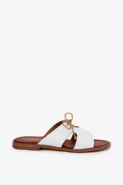 Skórzane Klapki Damskie Na Płaskim Obcasie Zazoo 3022 Białe