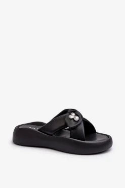 Skórzane Klapki Damskie Na Platformie Czarne GOE NN2N4110