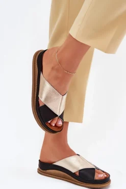 Skórzane Klapki Damskie Na Platformie Maciejka L4986-25 Złoto-Czarne