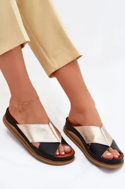 Skórzane Klapki Damskie Na Platformie Maciejka L4986-25 Złoto-Czarne