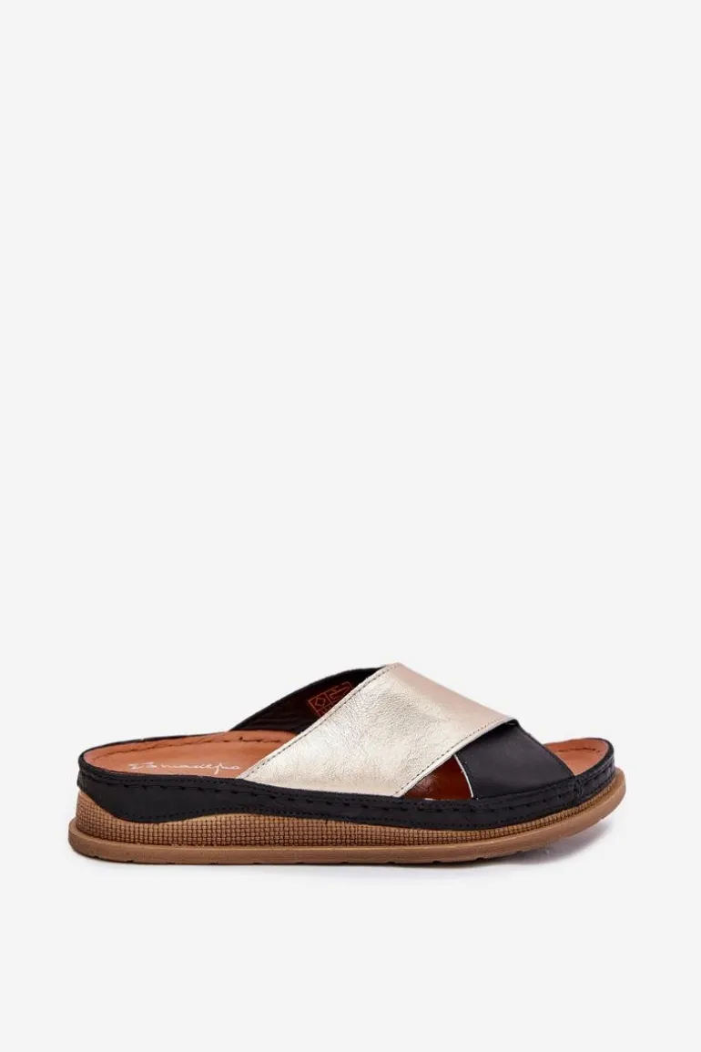 Skórzane Klapki Damskie Na Platformie Maciejka L4986-25 Złoto-Czarne