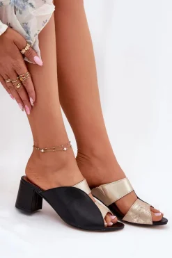 Skórzane Klapki Damskie Na Słupku Maciejka 06943-25 Czarno-Złote