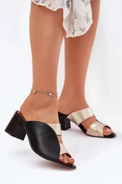 Skórzane Klapki Damskie Na Słupku Maciejka 06943-25 Czarno-Złote