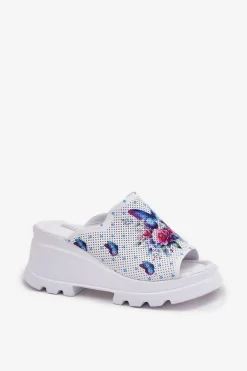 Skórzane Klapki Damskie Na Koturnie Artiker 56C0428 Białe