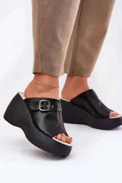 Skórzane Klapki Damskie Na Platformie I Koturnie Z Klamrą S.Barski LR51-542 Czarne