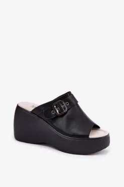 Skórzane Klapki Damskie Na Platformie I Koturnie Z Klamrą S.Barski LR51-542 Czarne