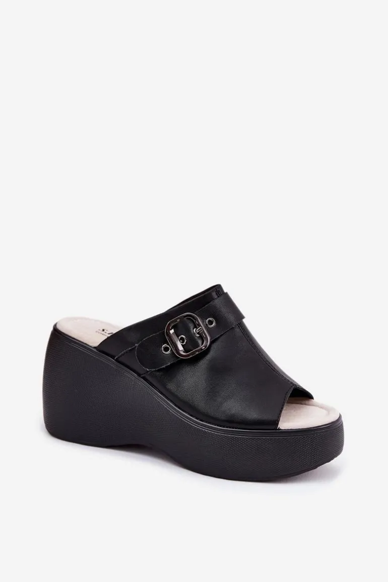 Skórzane Klapki Damskie Na Platformie I Koturnie Z Klamrą S.Barski LR51-542 Czarne