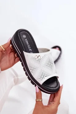 Skórzane Klapki Damskie Na Koturnie Vinceza 41477 Białe