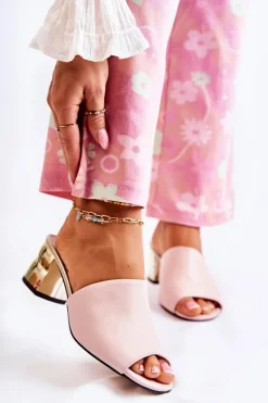 Skórzane Klapki Damskie Na Obcasie Różowe Perry