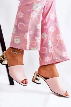 Skórzane Klapki Damskie Na Obcasie Różowe Perry